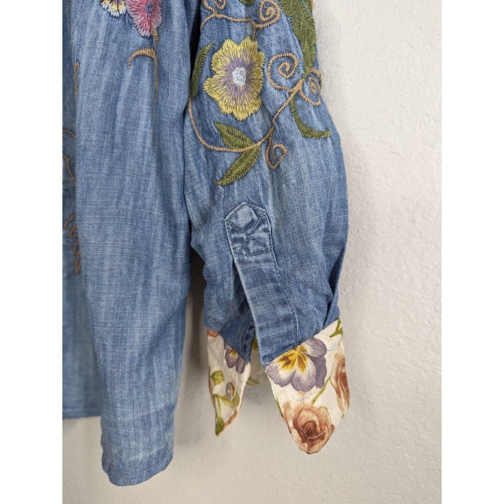 Soft Surroundings Embroidered Printed Tencel Button Shirt Sz M Boho Patchwork - Picture 8 of 9